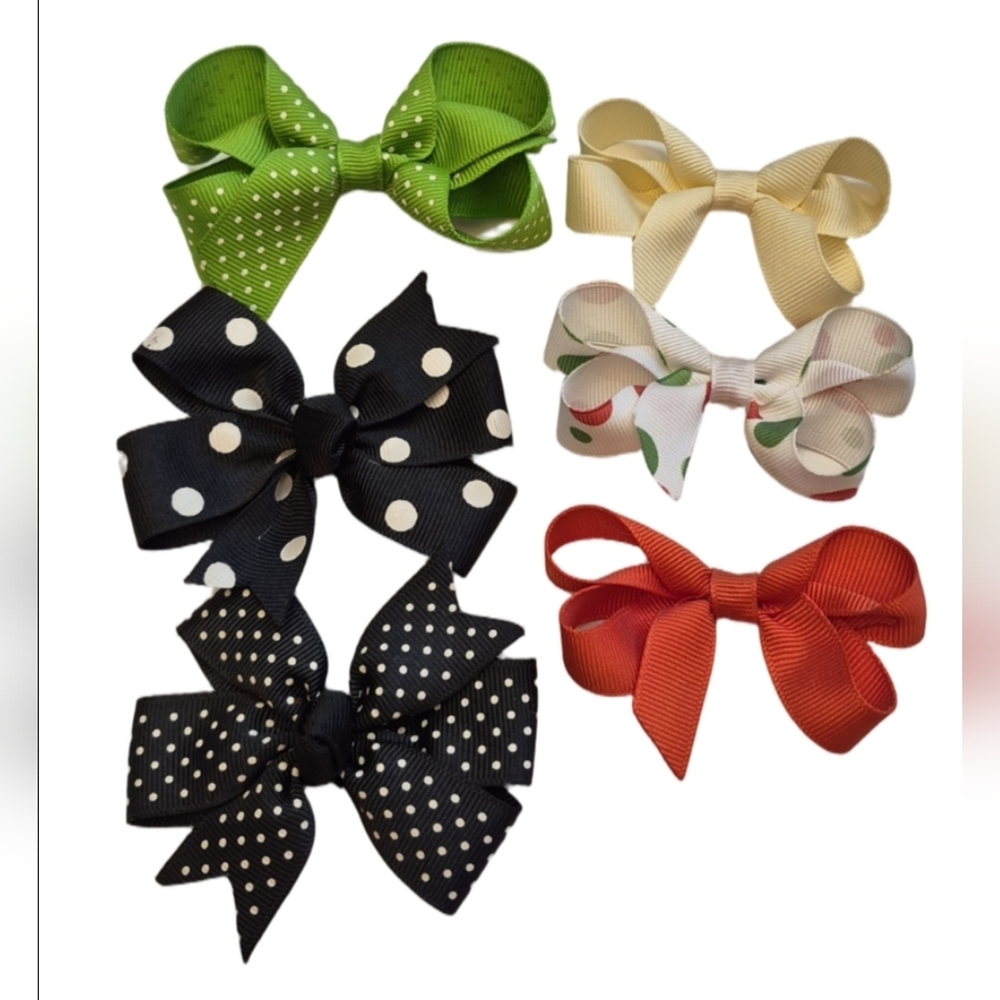 Set Of 6 Toddler Hair Bows Handmade Green Orange Cream Black Dots